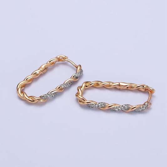 18K Gold Filled Micro Paved CZ Braided Twist Oblong Mixed Metal Hoops | AB262