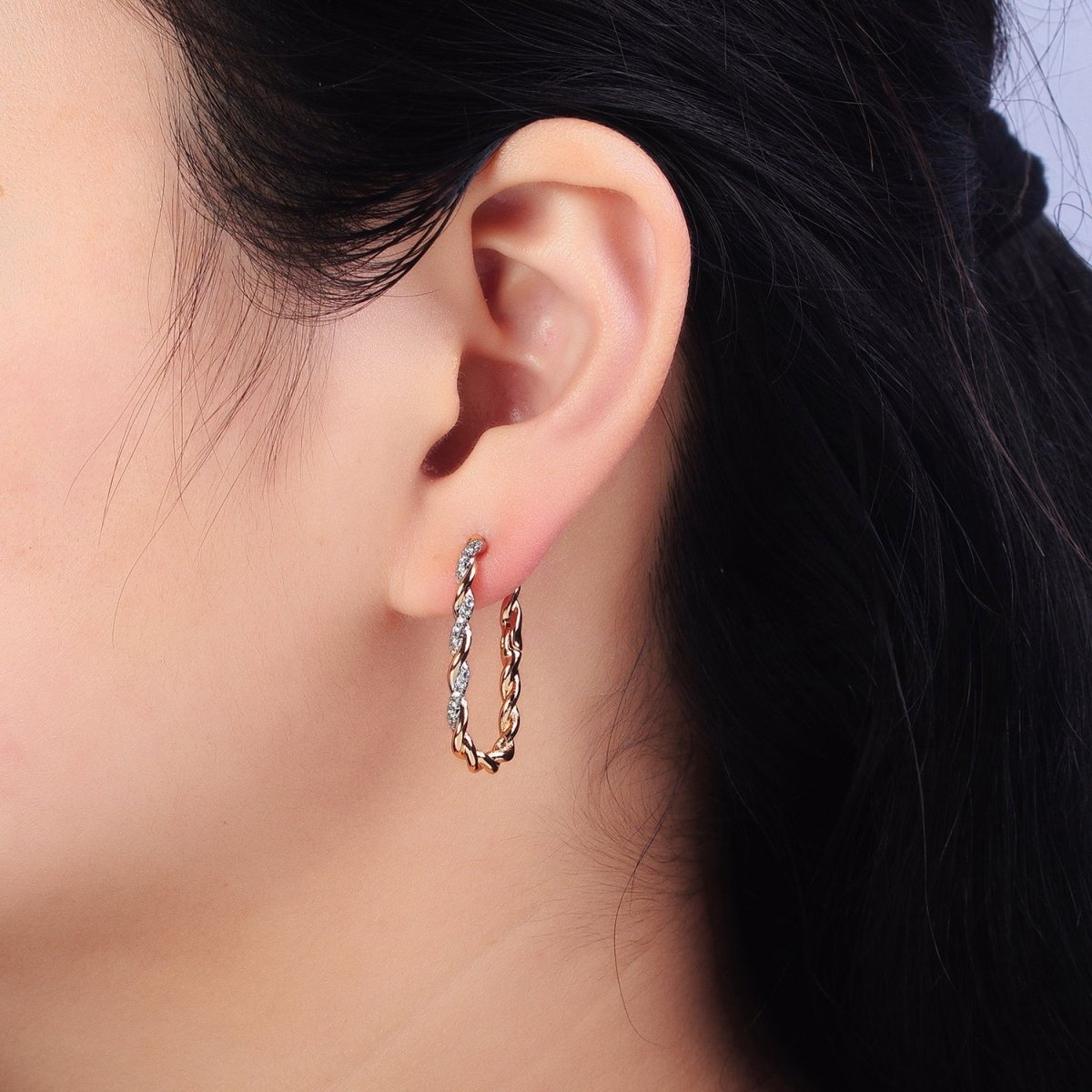 18K Gold Filled Micro Paved CZ Braided Twist Oblong Mixed Metal Hoops | AB262