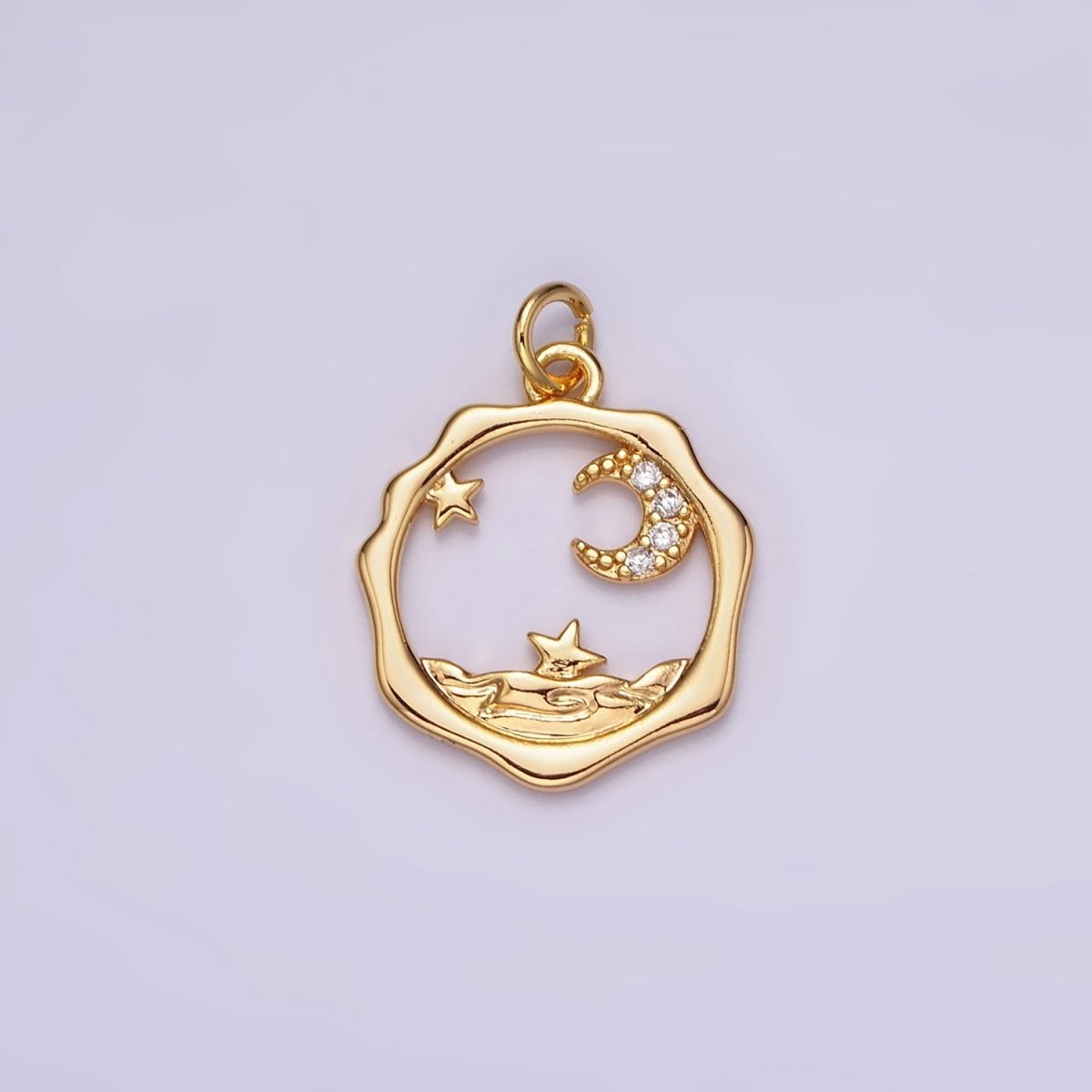 18K Gold Filled Micro Paved CZ Celestial Stars Crescent Moon Sea Open Wavy Round Charm | N1652