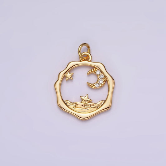 18K Gold Filled Micro Paved CZ Celestial Stars Crescent Moon Sea Open Wavy Round Charm | N1652