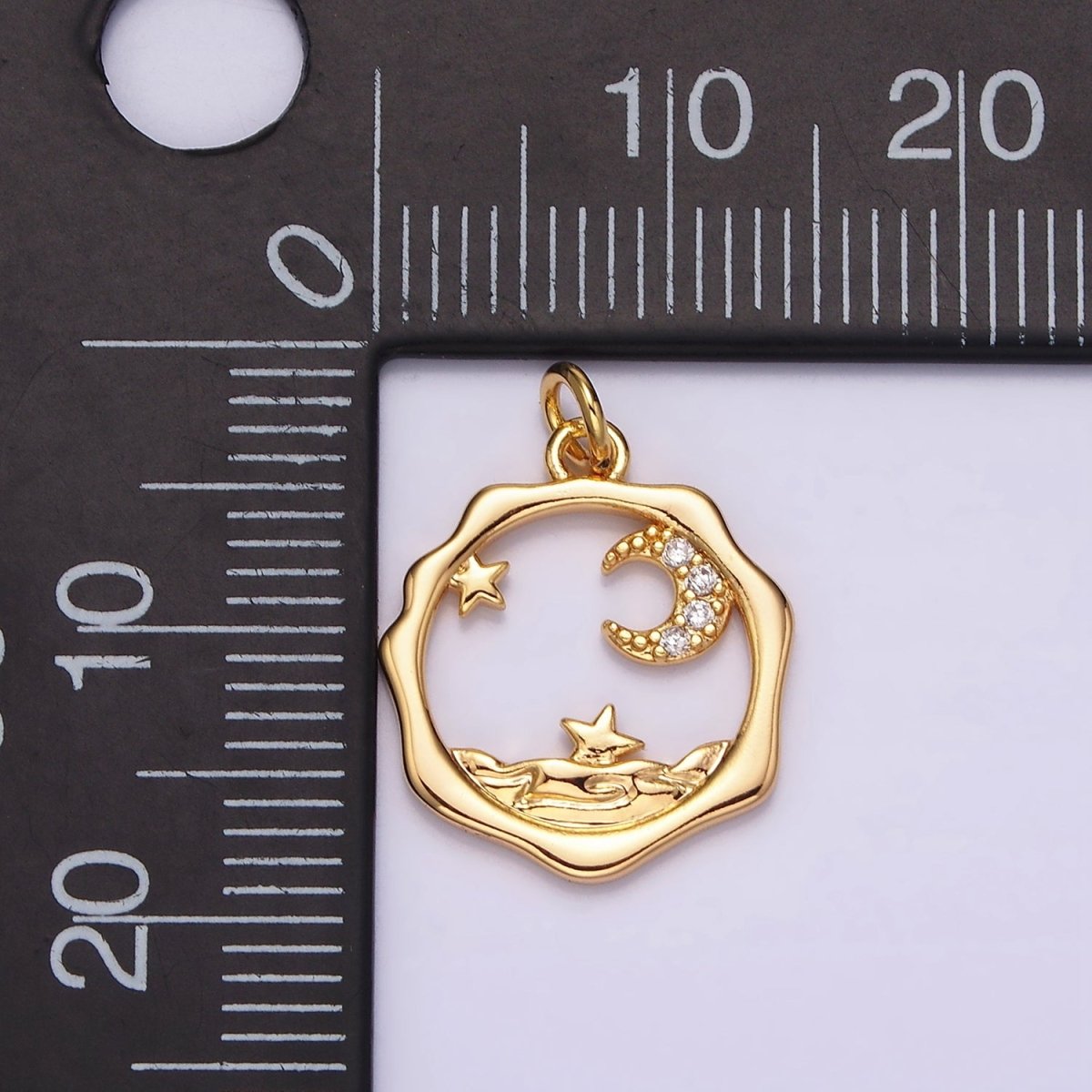 18K Gold Filled Micro Paved CZ Celestial Stars Crescent Moon Sea Open Wavy Round Charm | N1652