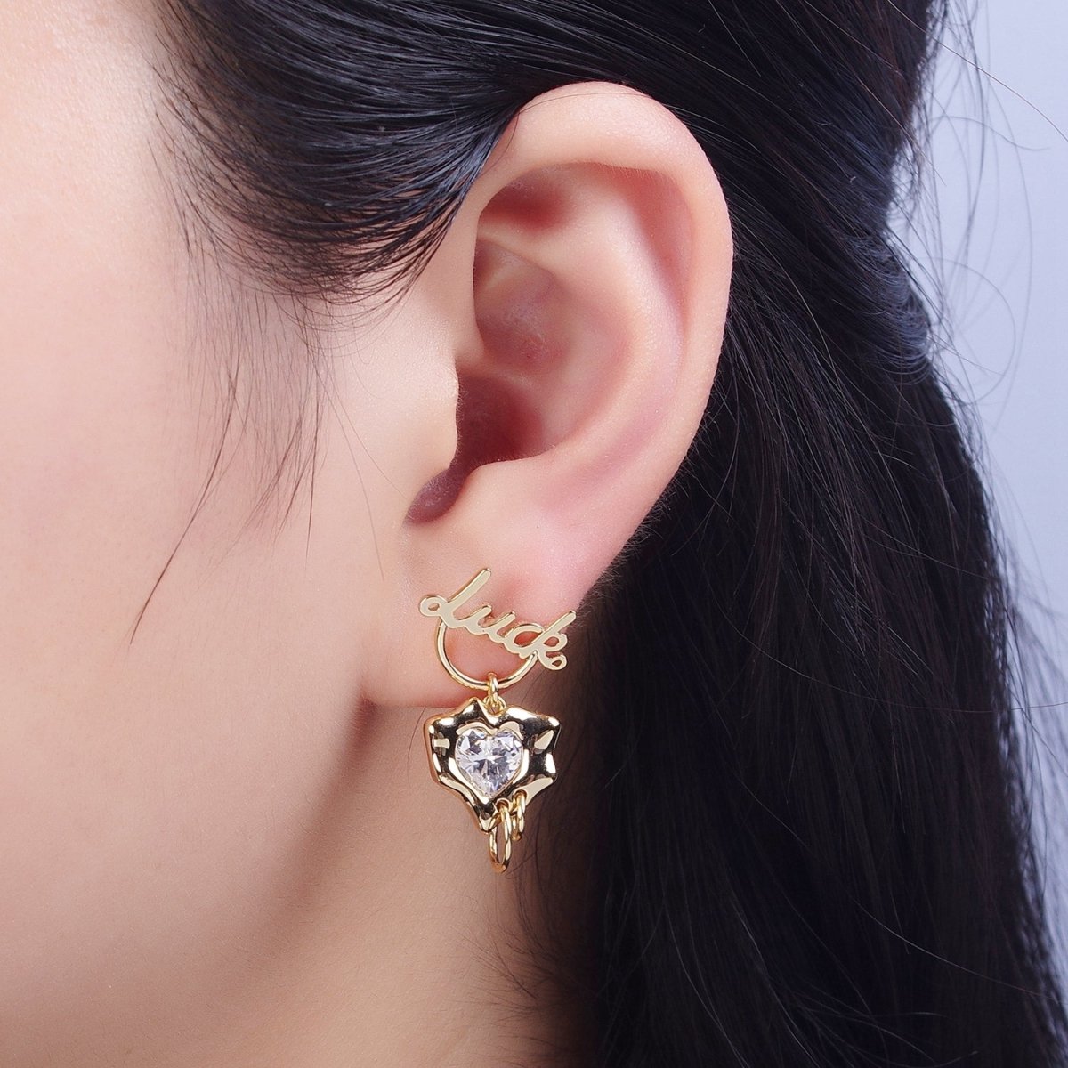 18K Gold Filled Minimalist Stud Earring "Luck" Earring with Cubic Zirconia Crystal Heart, Perfect for Everyday Wear or Gift | AD-568