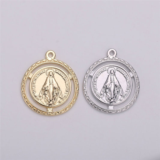 18K Gold Filled Miraculous Lady Medallion Charm with Decorative Edge, Round Coin Pendant Catholic Charm Silver Gold Virgin Mary Charm C-534
