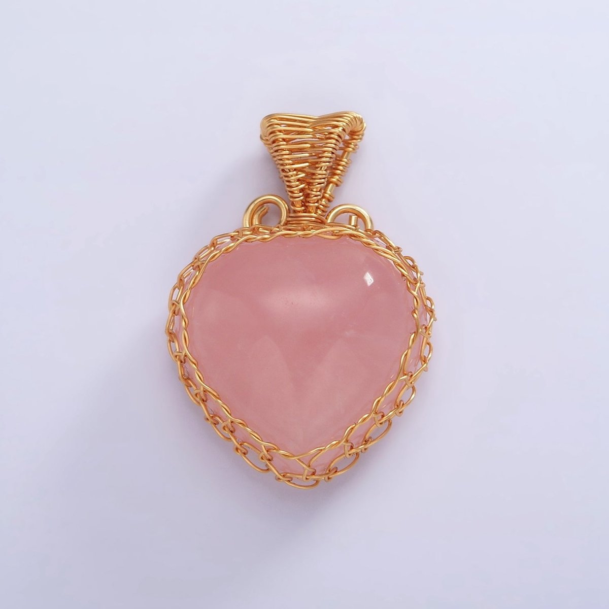 18K Gold Filled Natural Gemstone Pink Rose Quartz Strawberry Handmade Wire Wrapped Pendant | AA627