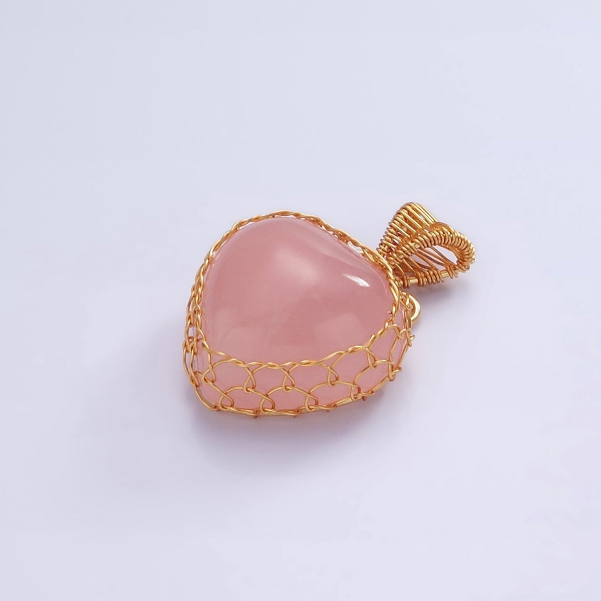 18K Gold Filled Natural Gemstone Pink Rose Quartz Strawberry Handmade Wire Wrapped Pendant | AA627