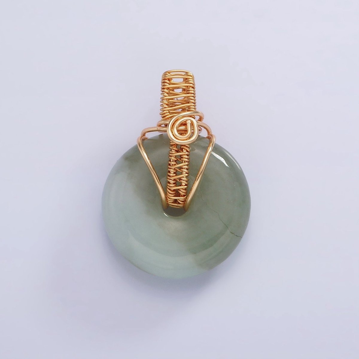 18K Gold Filled Natural Jade Round Donut Handmade Wire Wrapped Pendant | AA628