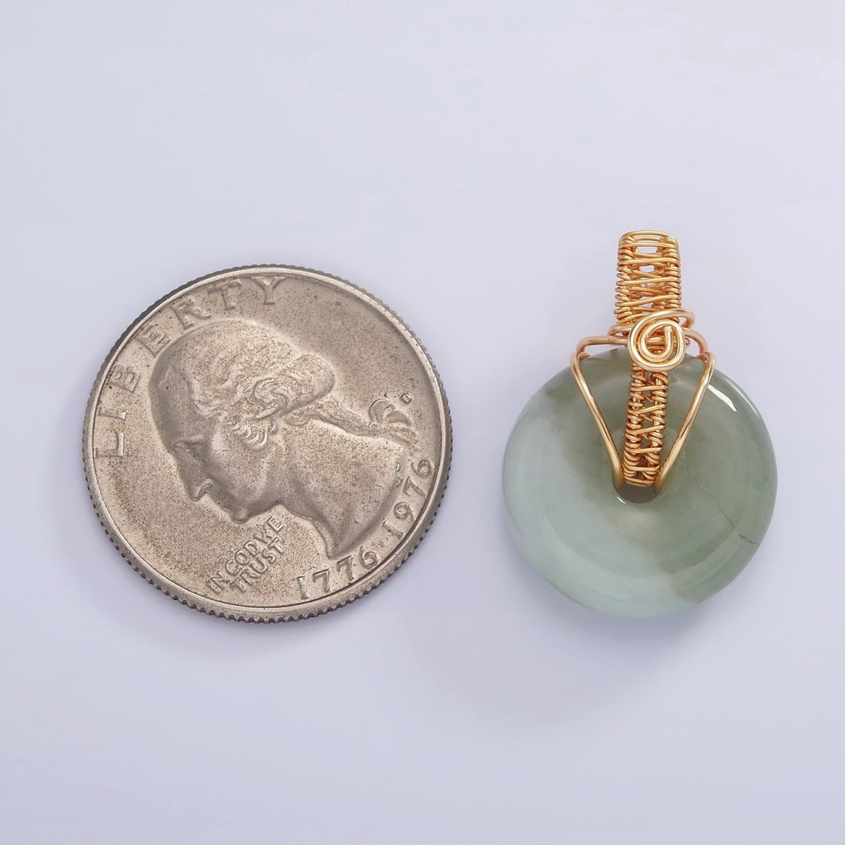 18K Gold Filled Natural Jade Round Donut Handmade Wire Wrapped Pendant | AA628