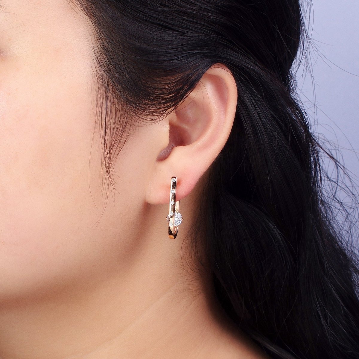 18K Gold Filled Oblong Hoop Earring with CZ Stone AB1046