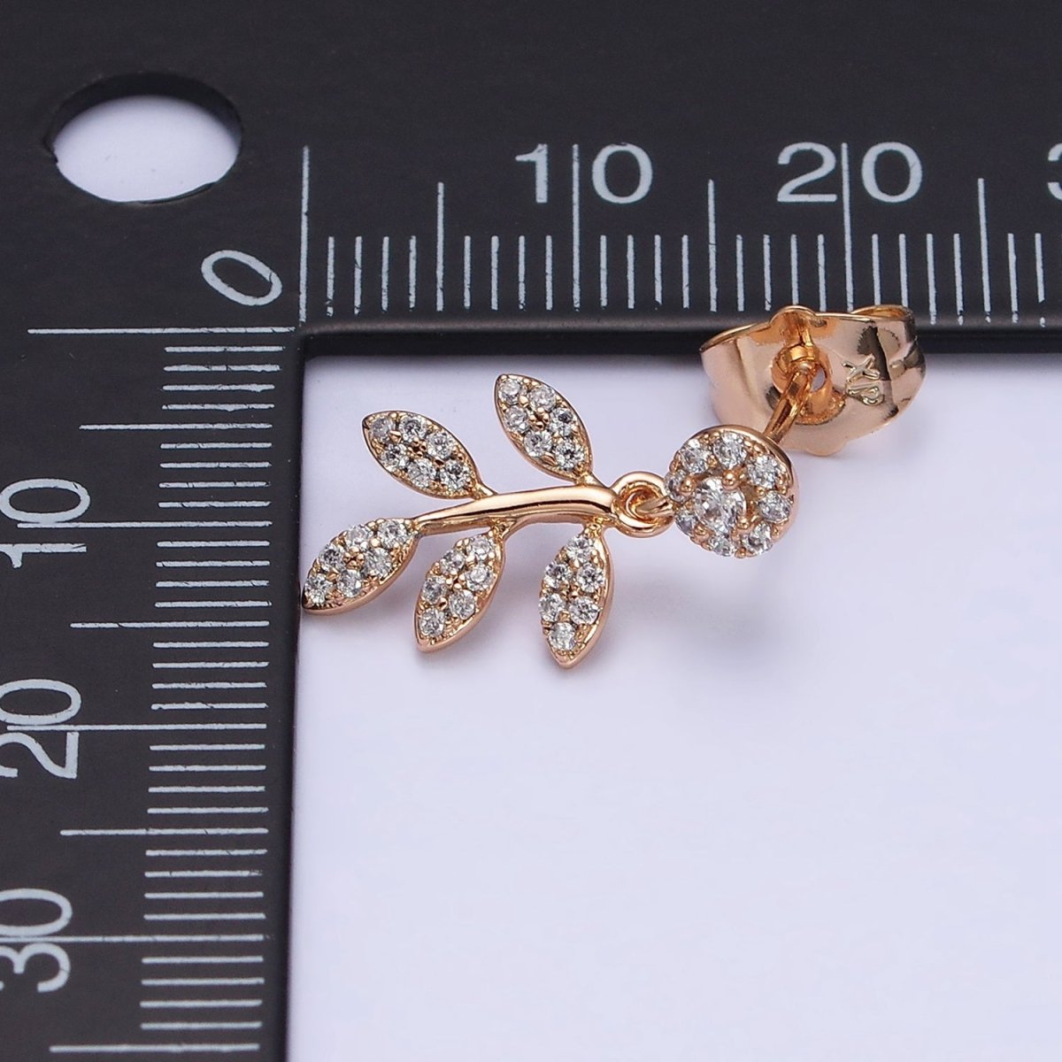 18K Gold Filled Olive Leaf Nature Drop Round Micro Paved CZ Stud Earrings | AD1449