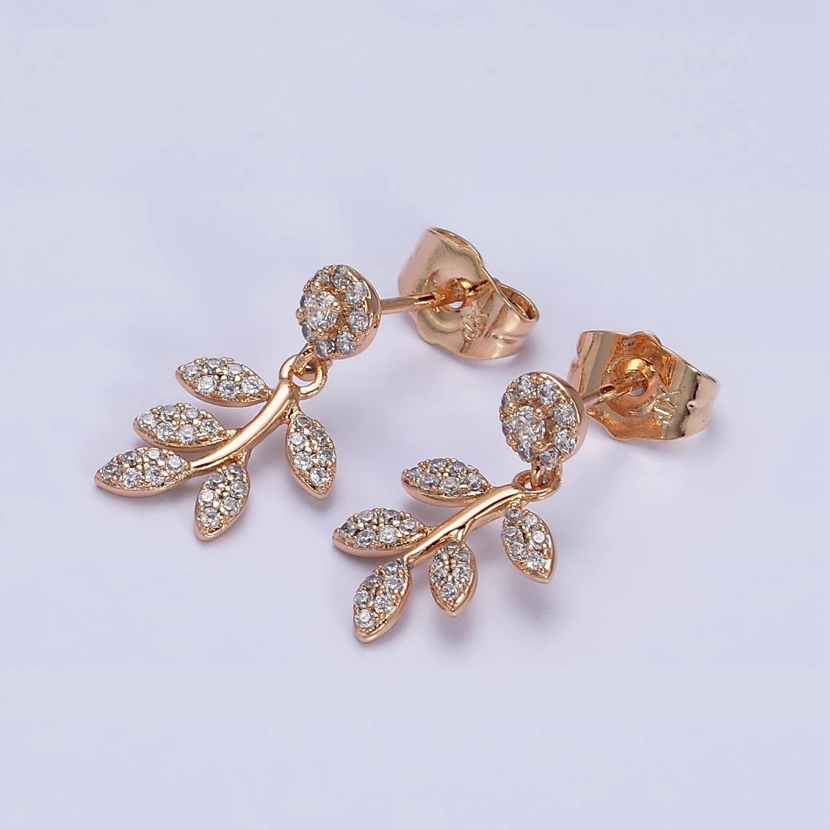 18K Gold Filled Olive Leaf Nature Drop Round Micro Paved CZ Stud Earrings | AD1449