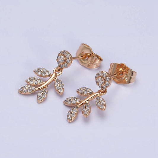 18K Gold Filled Olive Leaf Nature Drop Round Micro Paved CZ Stud Earrings | AD1449