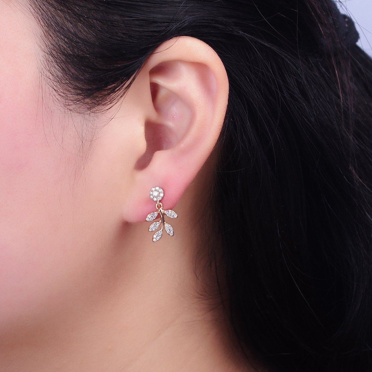 18K Gold Filled Olive Leaf Nature Drop Round Micro Paved CZ Stud Earrings | AD1449