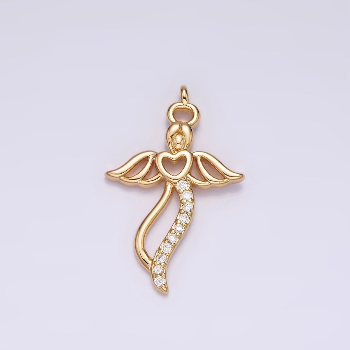 18K Gold Filled Open Heart Angel Wings Clear Micro Paved CZ Charm | N1765