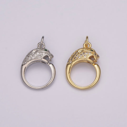 18K Gold Filled Panther Charm, Panther Round CZ Micro Pave, Cubic Zirconia Panther Charms, Silver Panther Bead, Men's Jewelry E-701 E-702