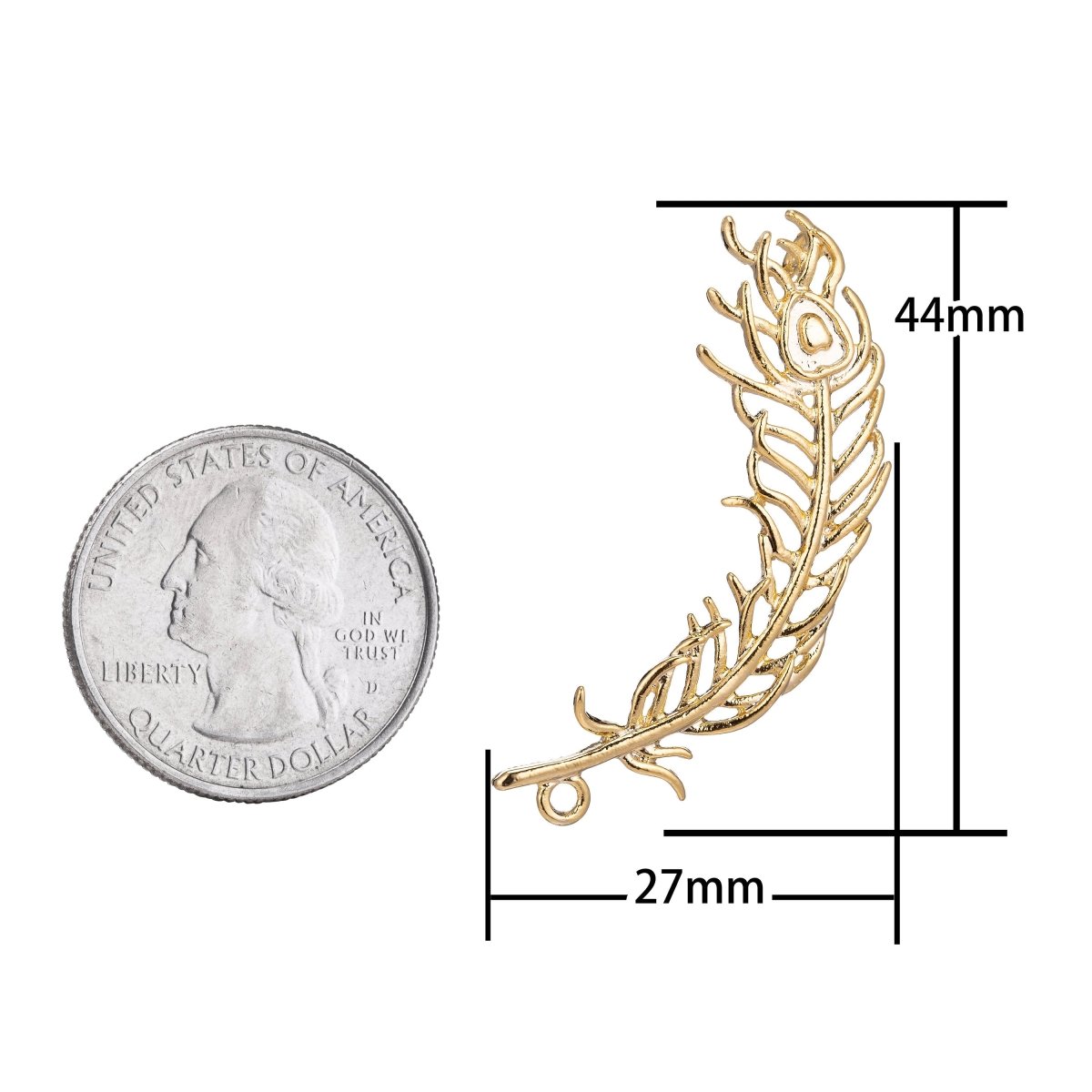 18K Gold Filled Peacock Feather Charm Connector for Necklace Bracelet Jewelry Making Supplies F-762