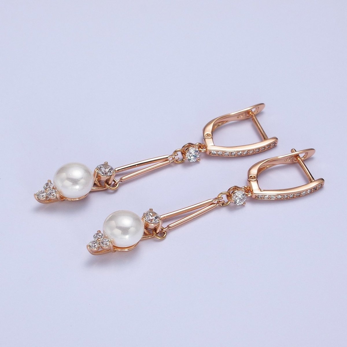 18K Gold Filled Pearl CZ Double Bar Drop Dangle Micro Paved English Lock Earrings | AB296