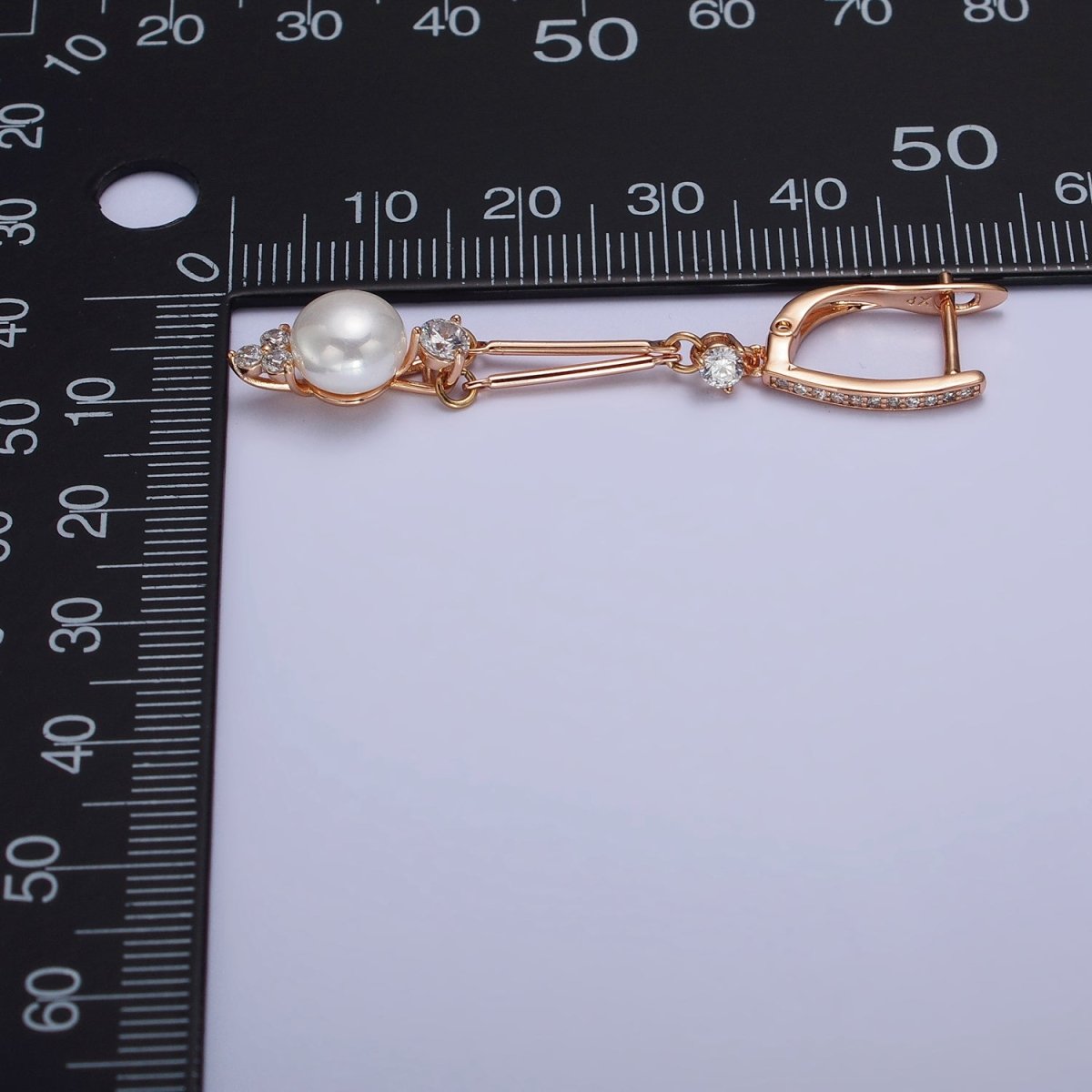 18K Gold Filled Pearl CZ Double Bar Drop Dangle Micro Paved English Lock Earrings | AB296