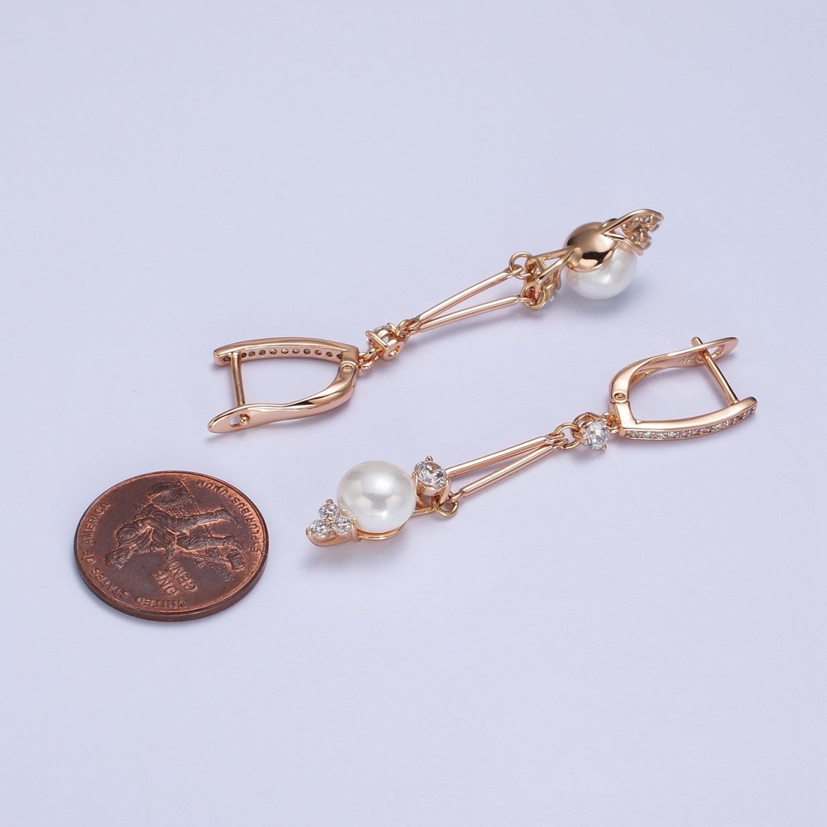 18K Gold Filled Pearl CZ Double Bar Drop Dangle Micro Paved English Lock Earrings | AB296