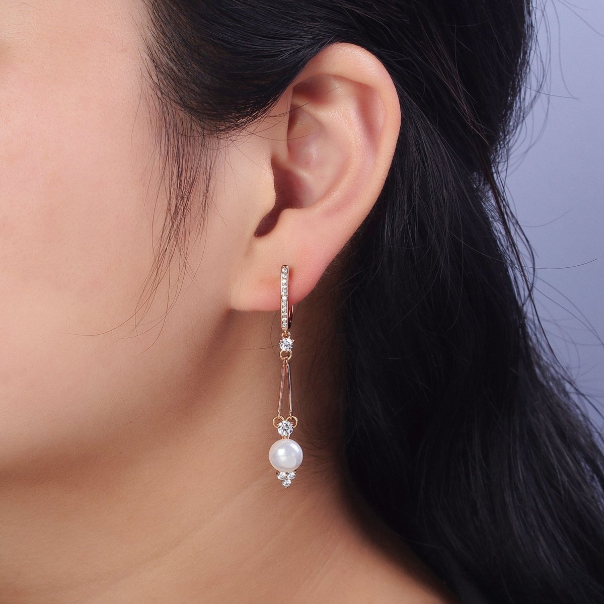 18K Gold Filled Pearl CZ Double Bar Drop Dangle Micro Paved English Lock Earrings | AB296