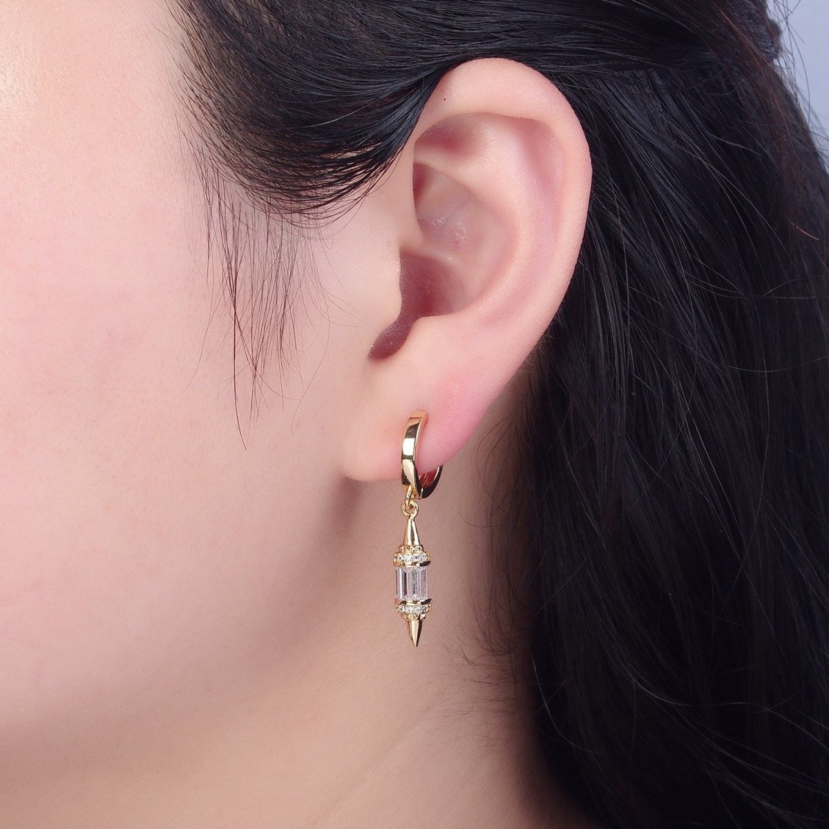 18K Gold Filled pendulum spike drop earrings, Gold Baguette spike dainty earrings, edgy style small spike earrings V-445