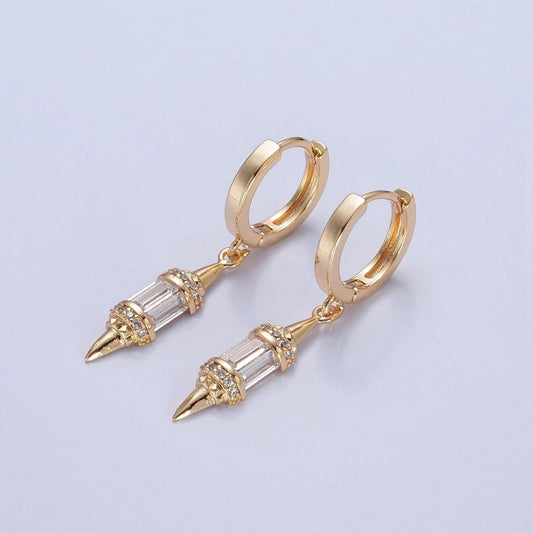 18K Gold Filled pendulum spike drop earrings, Gold Baguette spike dainty earrings, edgy style small spike earrings V-445