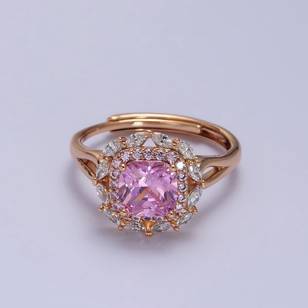 18K Gold Filled Pink CZ Square Clear Micro Paved Marquise Adjustable Ring | R-104
