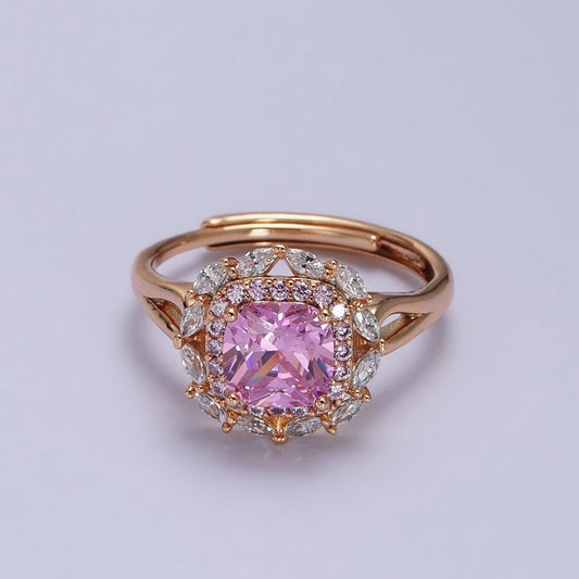 18K Gold Filled Pink CZ Square Clear Micro Paved Marquise Adjustable Ring | R-104