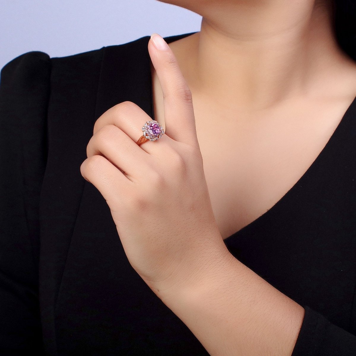 18K Gold Filled Pink CZ Square Clear Micro Paved Marquise Adjustable Ring | R-104