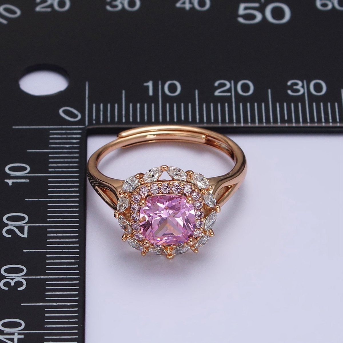 18K Gold Filled Pink CZ Square Clear Micro Paved Marquise Adjustable Ring | R-104