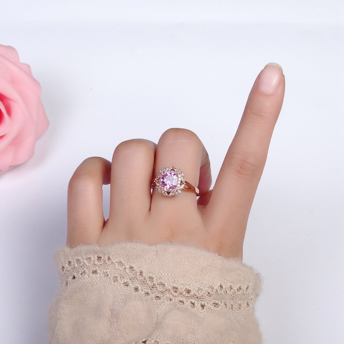 18K Gold Filled Pink CZ Square Clear Micro Paved Marquise Adjustable Ring | R-104