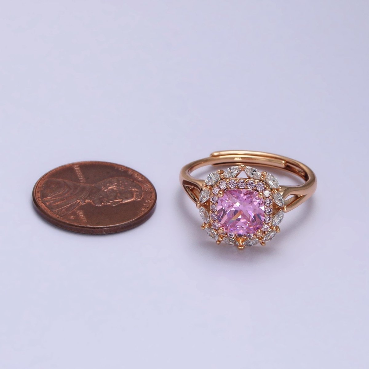 18K Gold Filled Pink CZ Square Clear Micro Paved Marquise Adjustable Ring | R-104