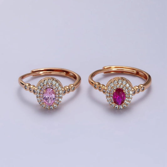 18K Gold Filled Pink, Fuchsia Oval Micro Paved Round CZ Adjustable Ring | R-126 R-065