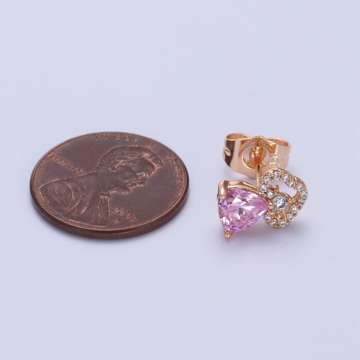 18K Gold Filled Pink Heart Micro Paved CZ Stud Earrings | AD-303