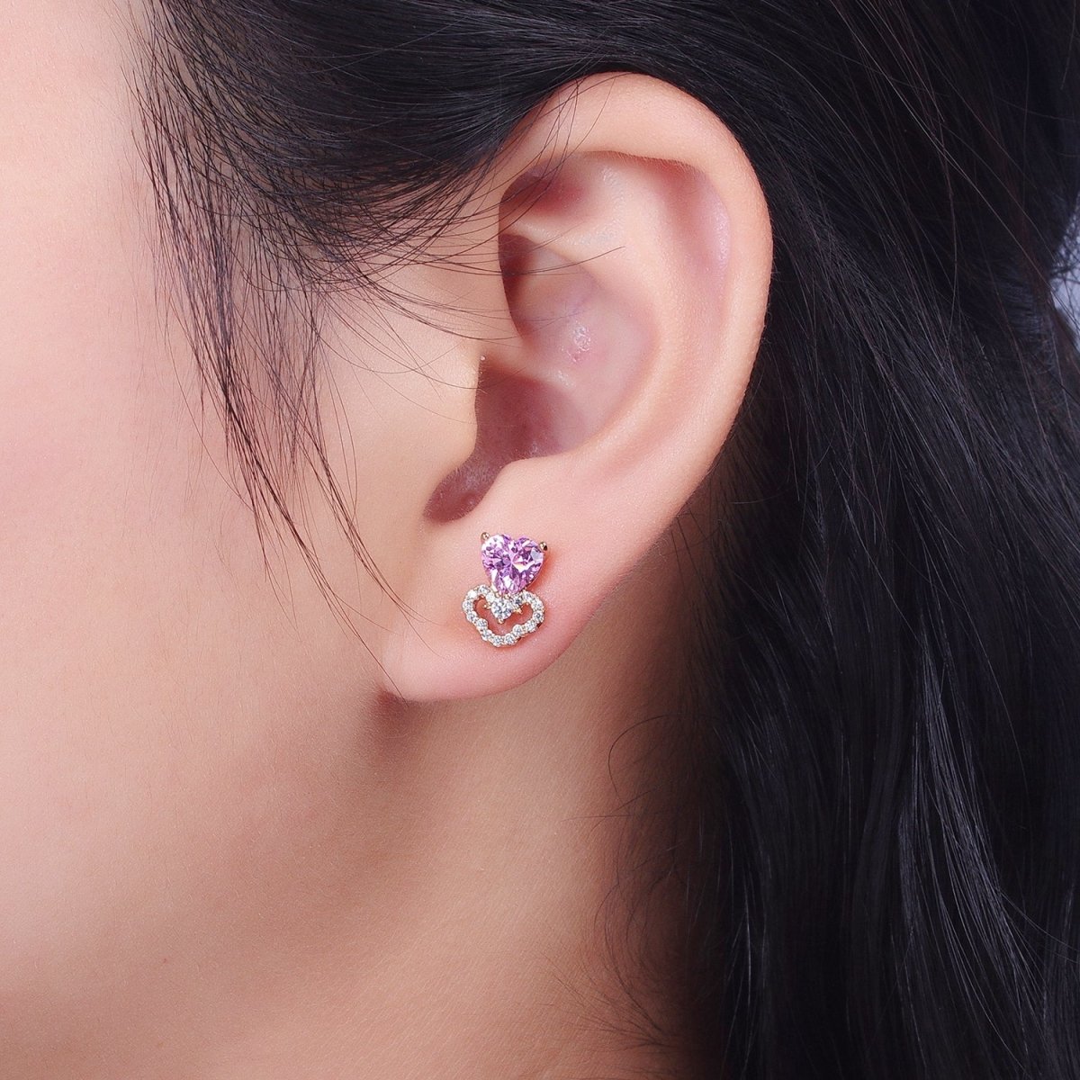 18K Gold Filled Pink Heart Micro Paved CZ Stud Earrings | AD-303