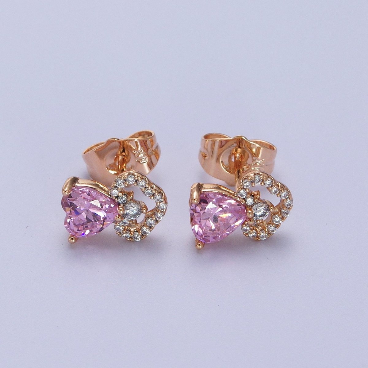 18K Gold Filled Pink Heart Micro Paved CZ Stud Earrings | AD-303
