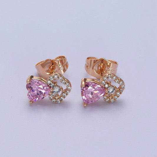 18K Gold Filled Pink Heart Micro Paved CZ Stud Earrings | AD-303