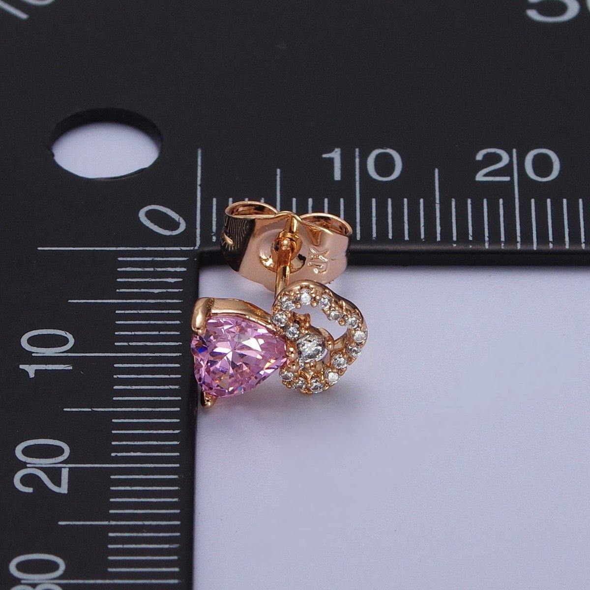 18K Gold Filled Pink Heart Micro Paved CZ Stud Earrings | AD-303