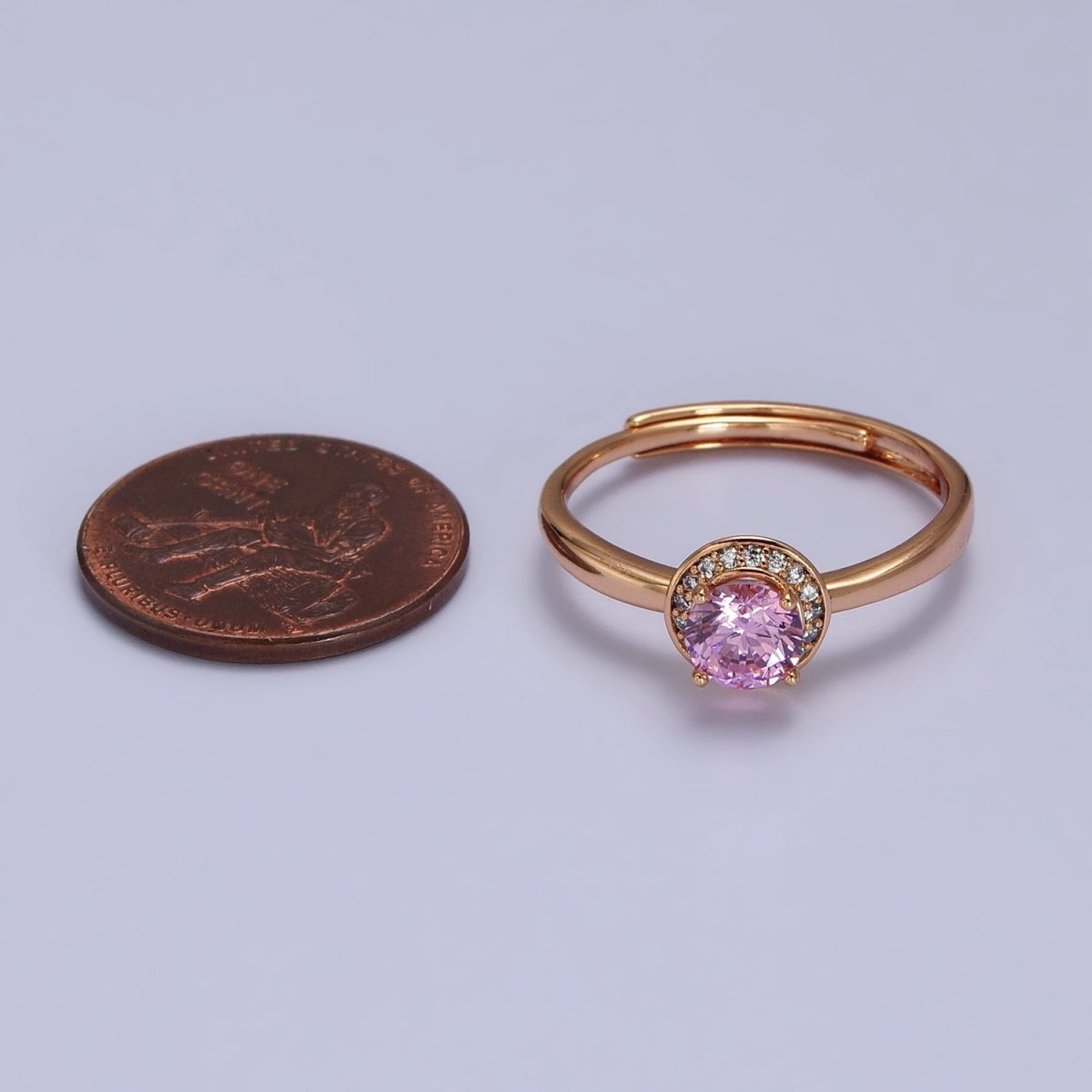 18K Gold Filled Pink Round Clear Micro Paved CZ Adjustable Ring | R-112