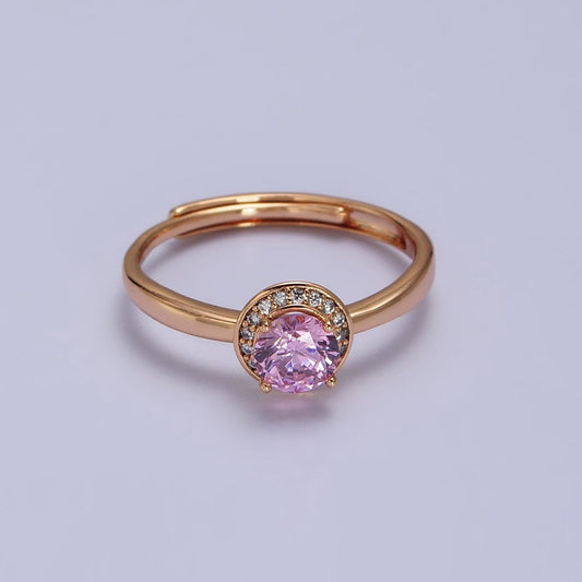 18K Gold Filled Pink Round Clear Micro Paved CZ Adjustable Ring | R-112