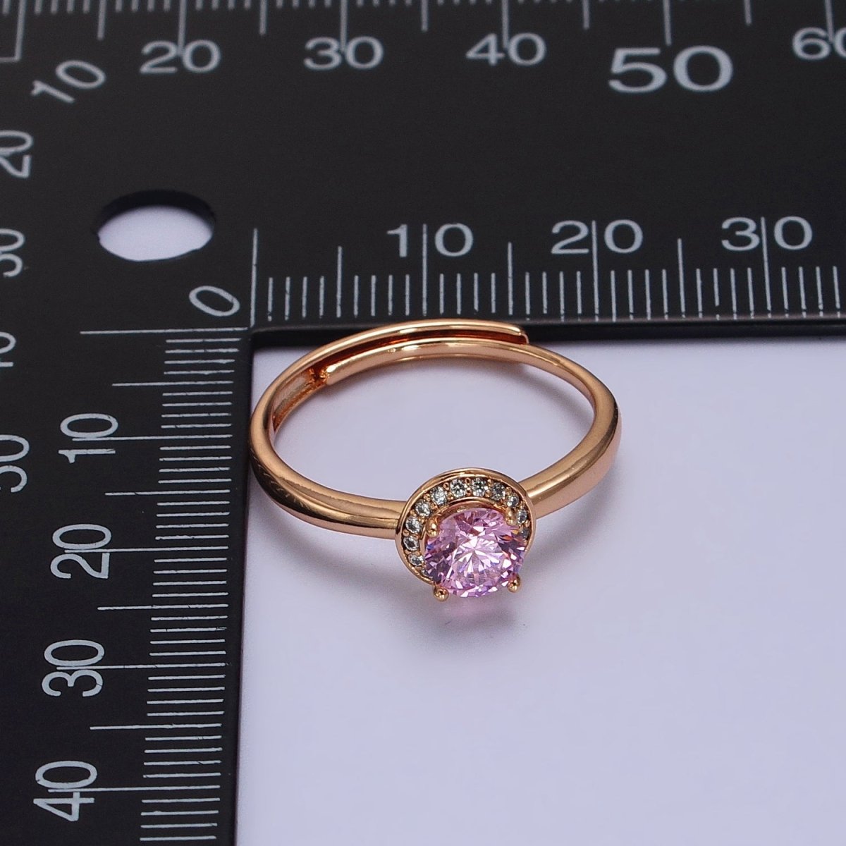 18K Gold Filled Pink Round Clear Micro Paved CZ Adjustable Ring | R-112