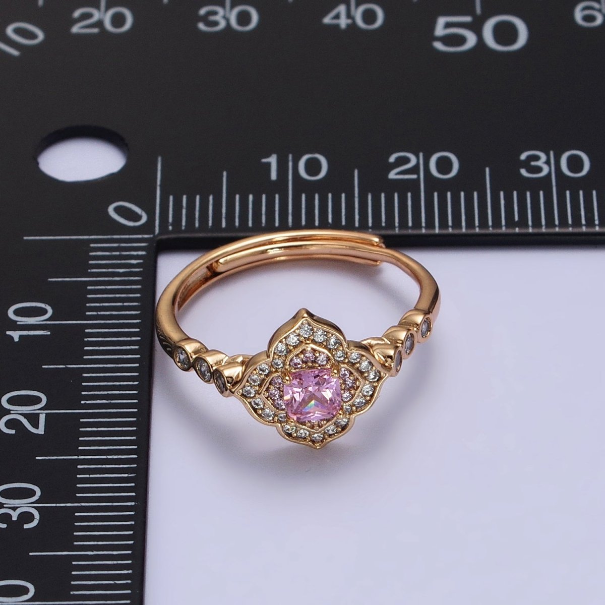 18K Gold Filled Pink Square Clear Micro Paved Quatrefoil Round CZ Adjustable Ring | R-068