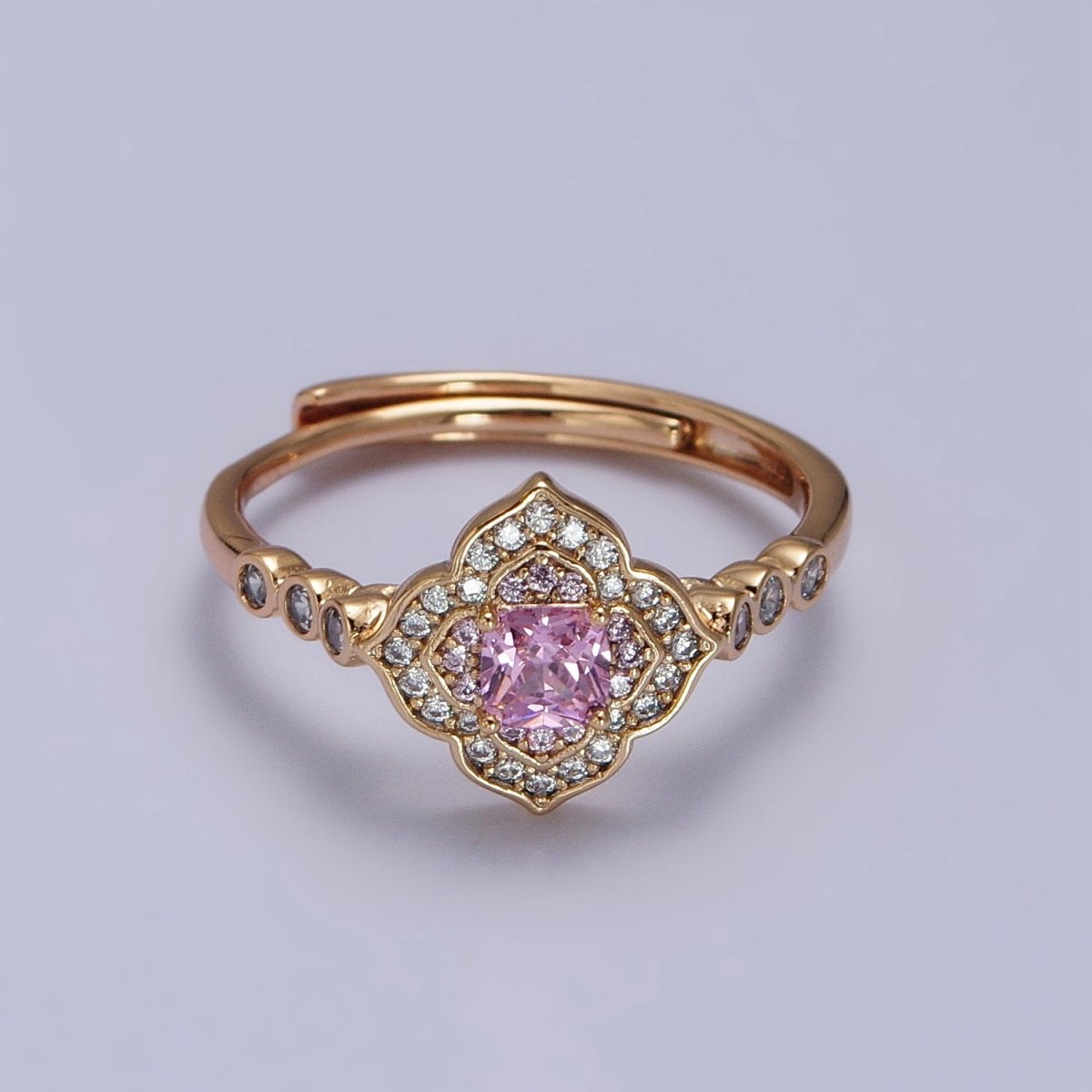 18K Gold Filled Pink Square Clear Micro Paved Quatrefoil Round CZ Adjustable Ring | R-068