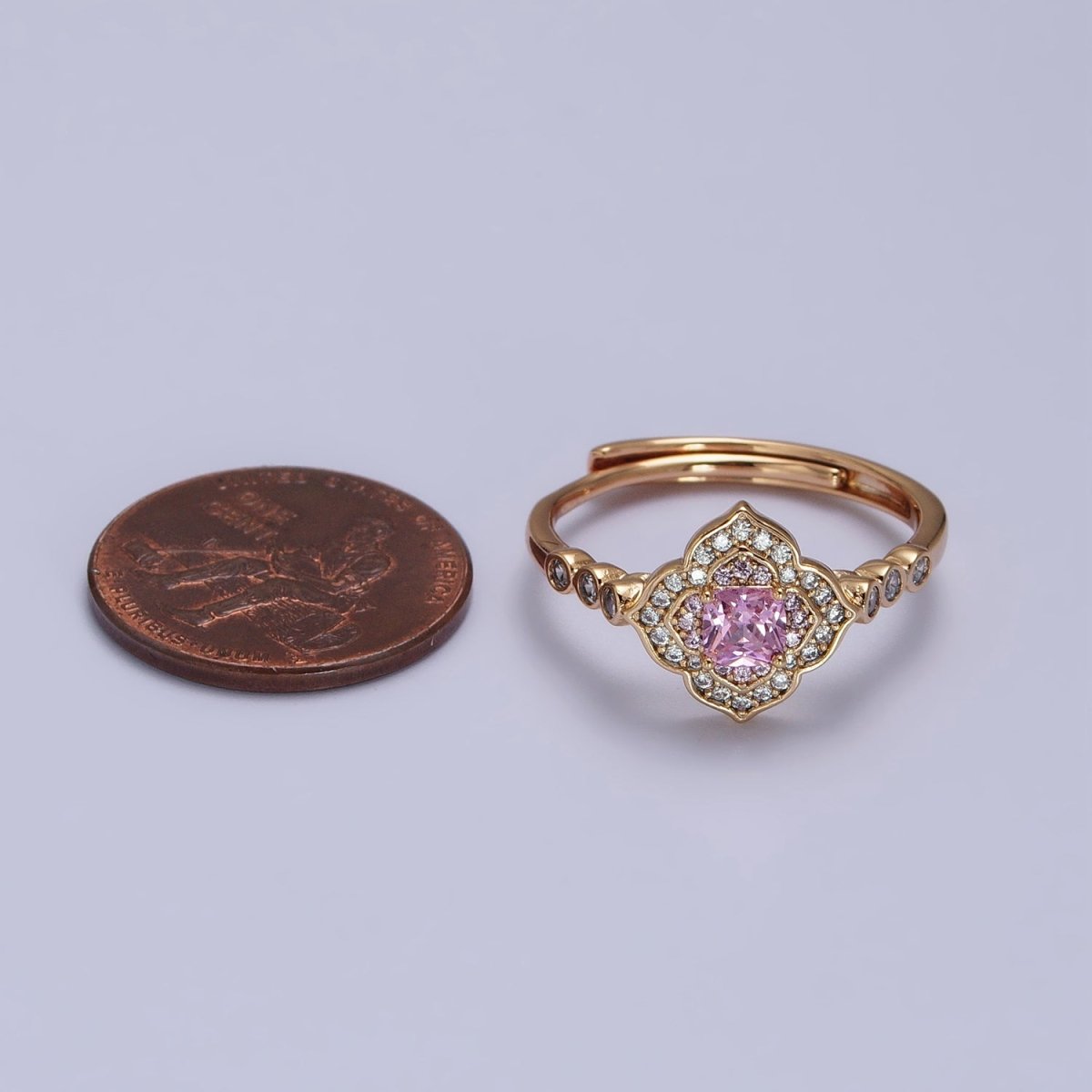 18K Gold Filled Pink Square Clear Micro Paved Quatrefoil Round CZ Adjustable Ring | R-068