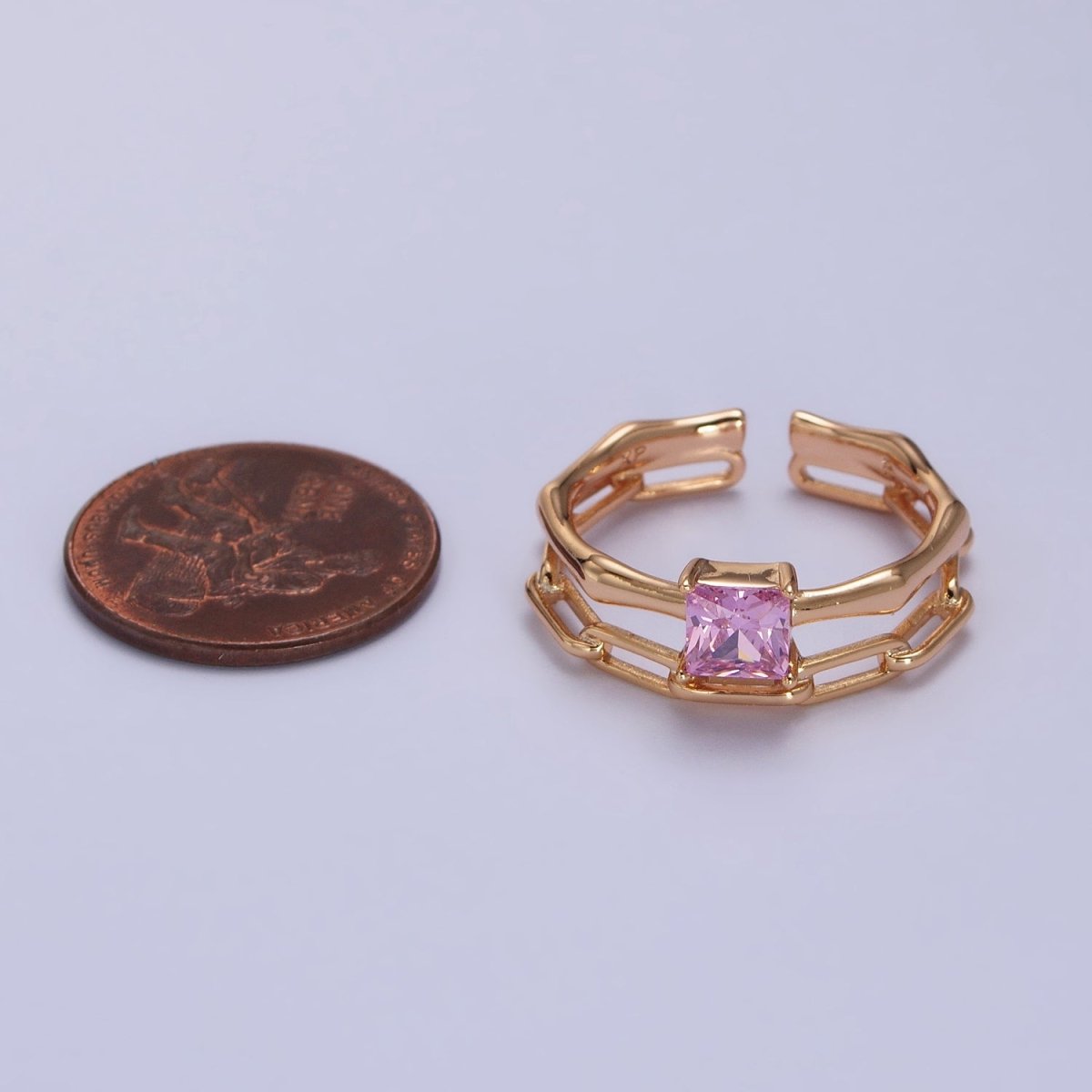 18K Gold Filled Pink Square CZ Bamboo Paperclip Chain Double Band Ring | R-128