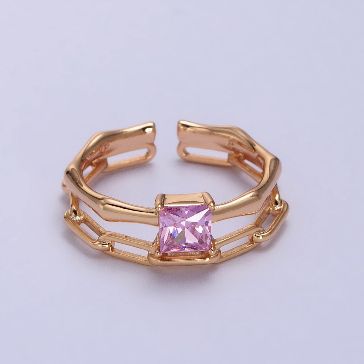 18K Gold Filled Pink Square CZ Bamboo Paperclip Chain Double Band Ring | R-128