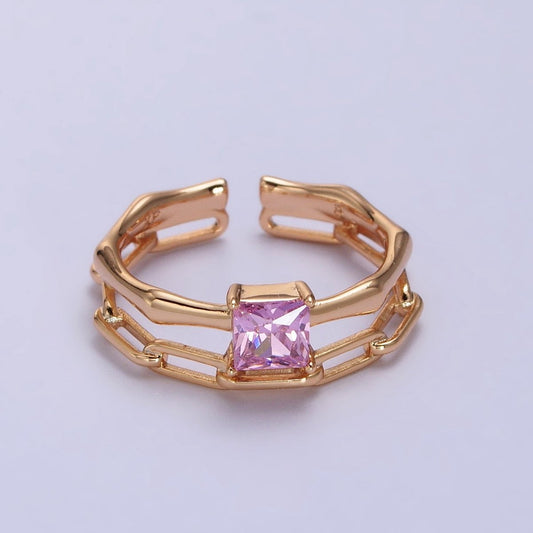 18K Gold Filled Pink Square CZ Bamboo Paperclip Chain Double Band Ring | R-128