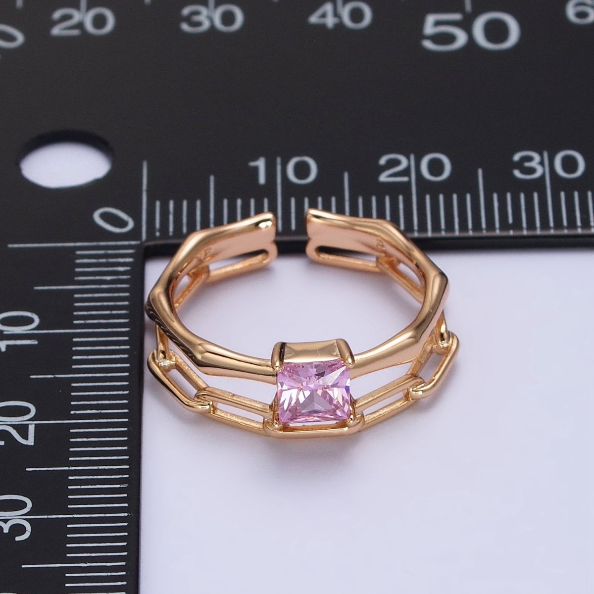 18K Gold Filled Pink Square CZ Bamboo Paperclip Chain Double Band Ring | R-128
