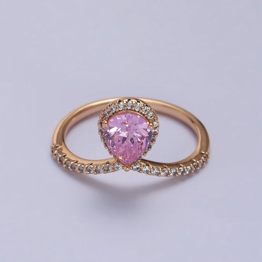18K Gold Filled Pink Teardrop CZ Micro Paved Chevron Adjustable Ring | R-144