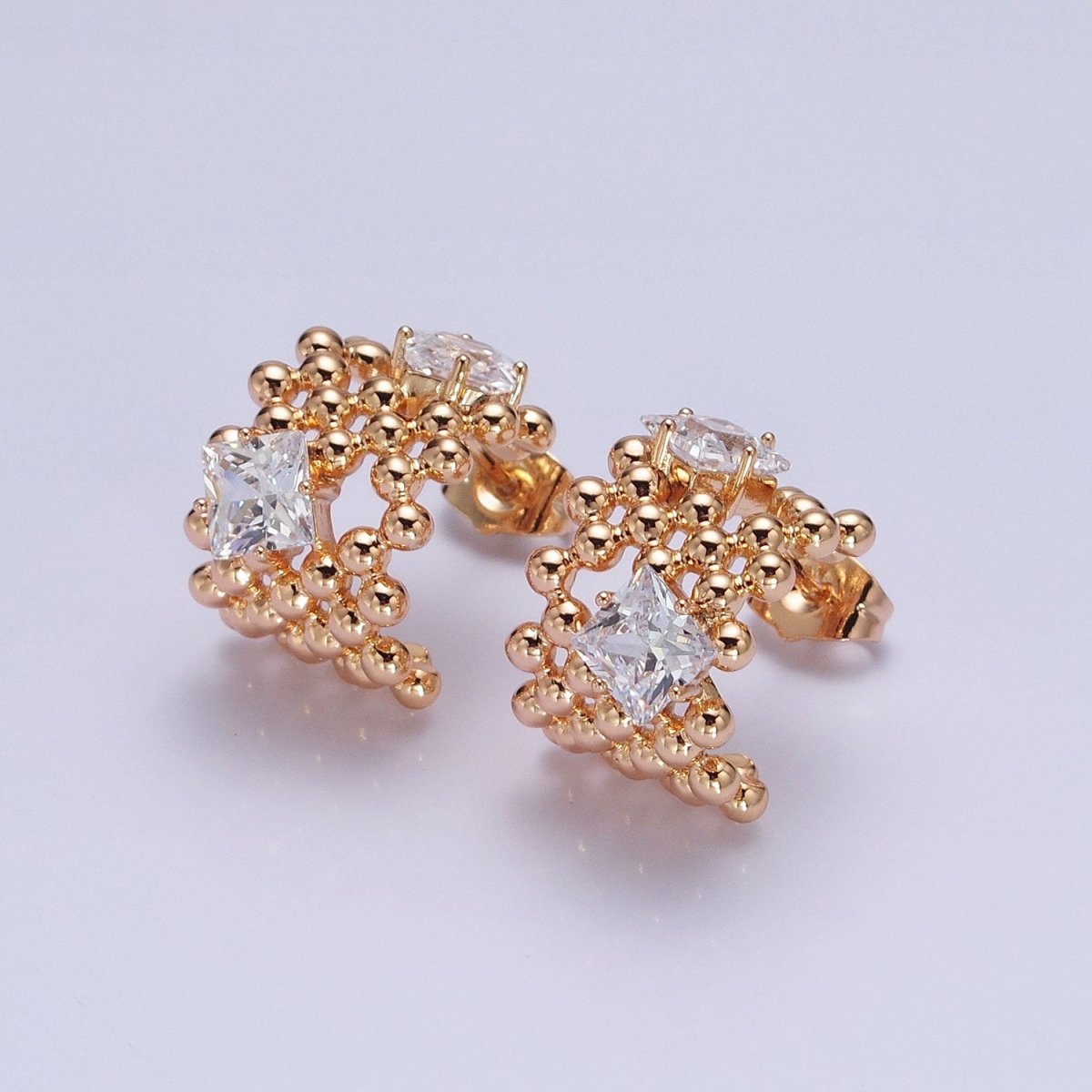 18K Gold Filled Purple, Clear, Green, Pink Square CZ Round Beaded Bubble C-Shaped Hoop Earrings | AD1401 - AD1404