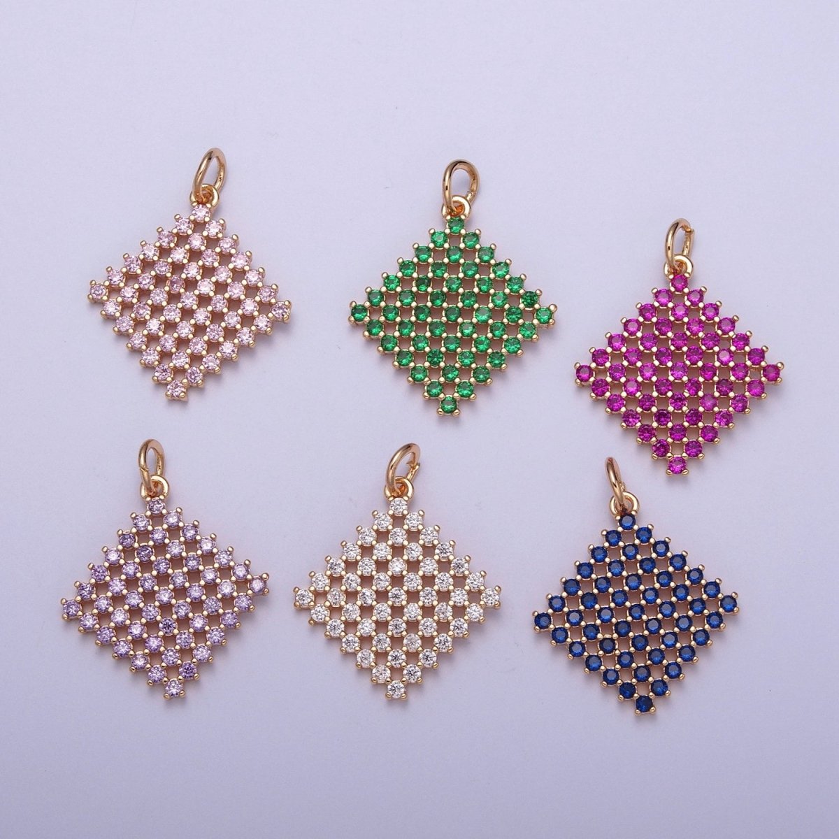18K Gold Filled Purple, Fuchsia, Pink, Green, Blue, Clear Micro Paved CZ Rhombus Charm | X-162 - X-167